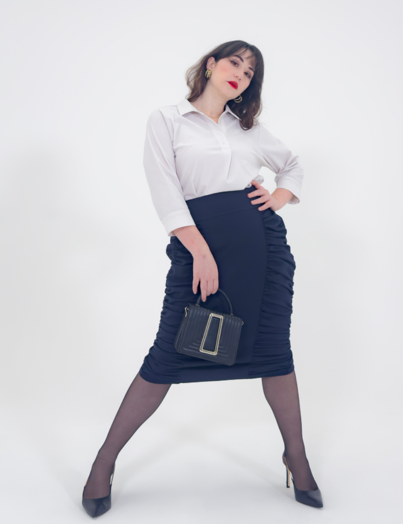 SERPENTINA サイドギャザータイトスカート ネイビー 正面 モデル着用