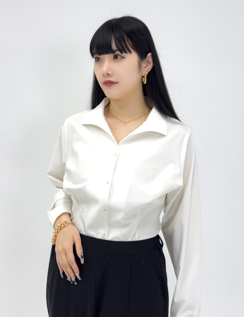 SERPENTINA 【日本製生地】撥水ストレッチイタリアンカラーシャツ ホワイト 正面 モデル着用