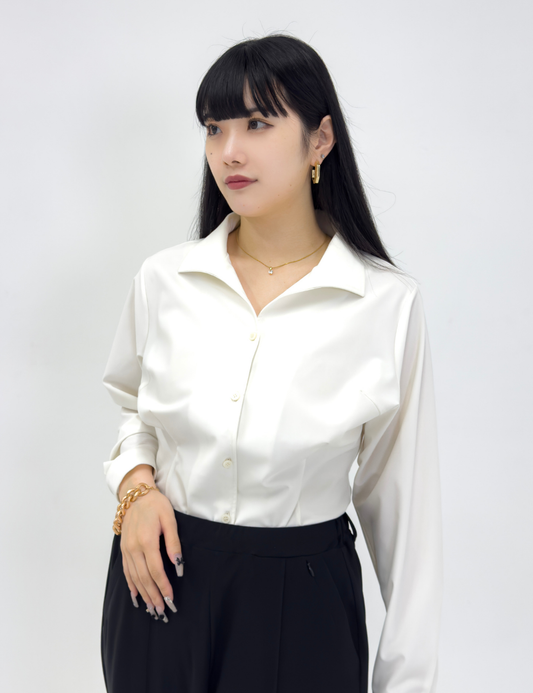 SERPENTINA 【日本製生地】撥水ストレッチイタリアンカラーシャツ ホワイト 正面 モデル着用